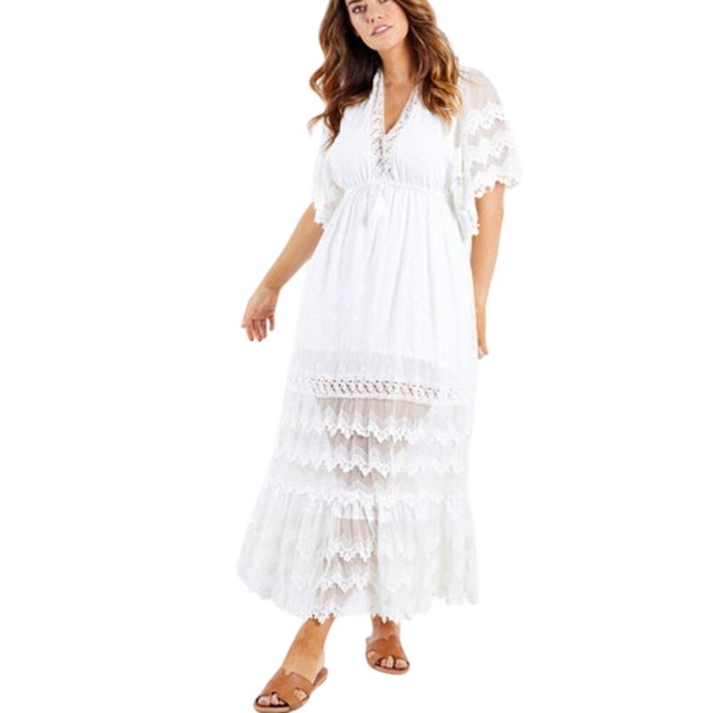 Jaase XL NEW White Bungalow Maxi Dress Lace Tiered Romantic Wedding
